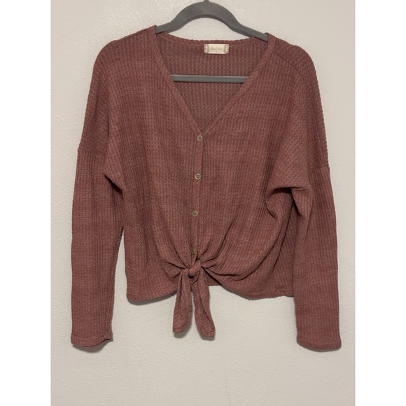 Altar'd State Waffle Knit Tie Front Cardigan Dusty Rose Cropped Boho Soft Girl M - Picture 2 of 6